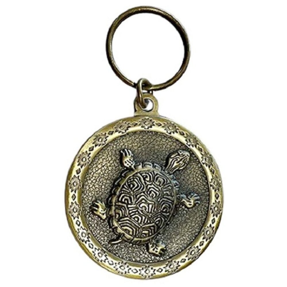 Vintage Metal Turtle Key Chain Ring Engraved Round Design 2" Circle NIP Keychain